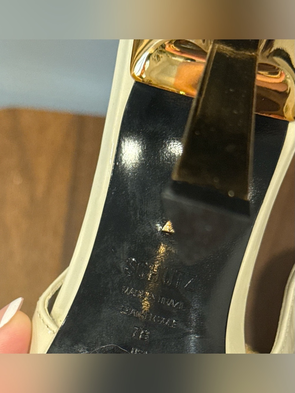 SCHUTZ Cream Pointed Slingback Heels with Gold Buckle & Gold Heel - Picture 9 of 9